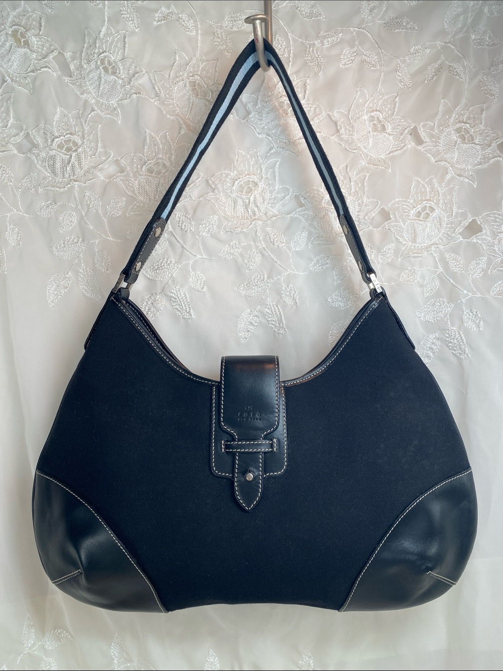 Rafe New York Black Canvas Shoulder Bag with Leather Trim